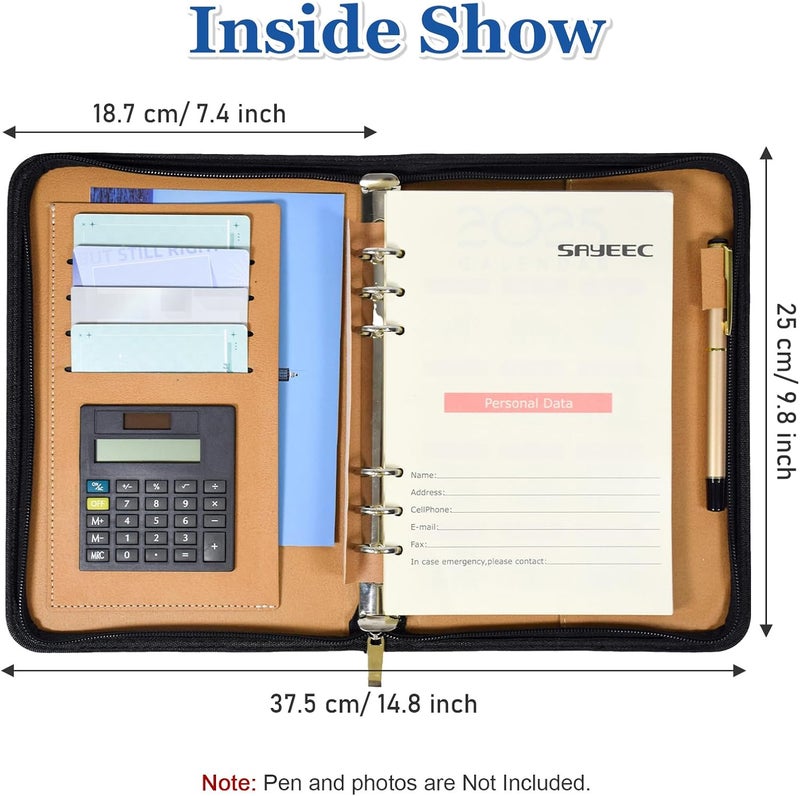 SAYEEC Executive Conference Folder A5 Zipped Portfolio Binder Faux Leather Padfolio Refillable Business Notebook Organizer with Calculator Loose Leaf Paper Gift for Man Women - Image 4